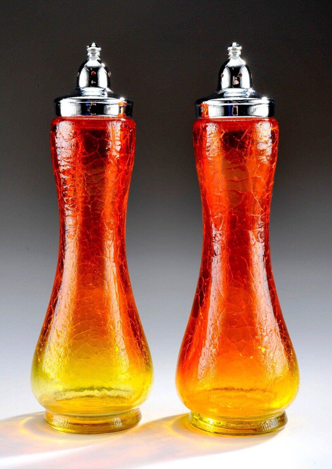 Vintage MCM KANAWHA GLASS CRACKLE AMBERINA SALT & PEPPER SHAKERS - Mid Century