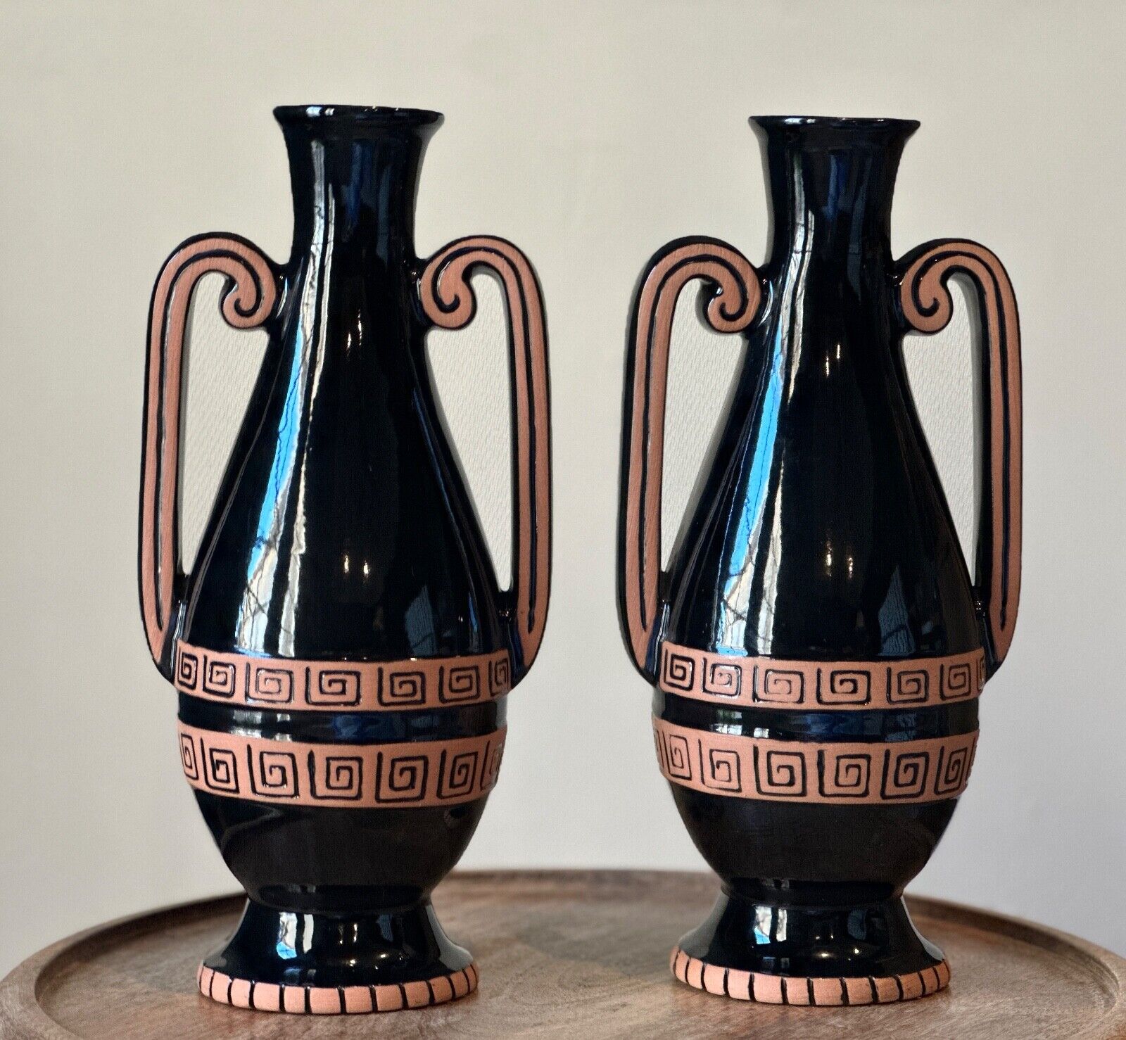 Pair of Frankoma signed V-13 Black Terracotta Handle Vase with Greek Key Motif  