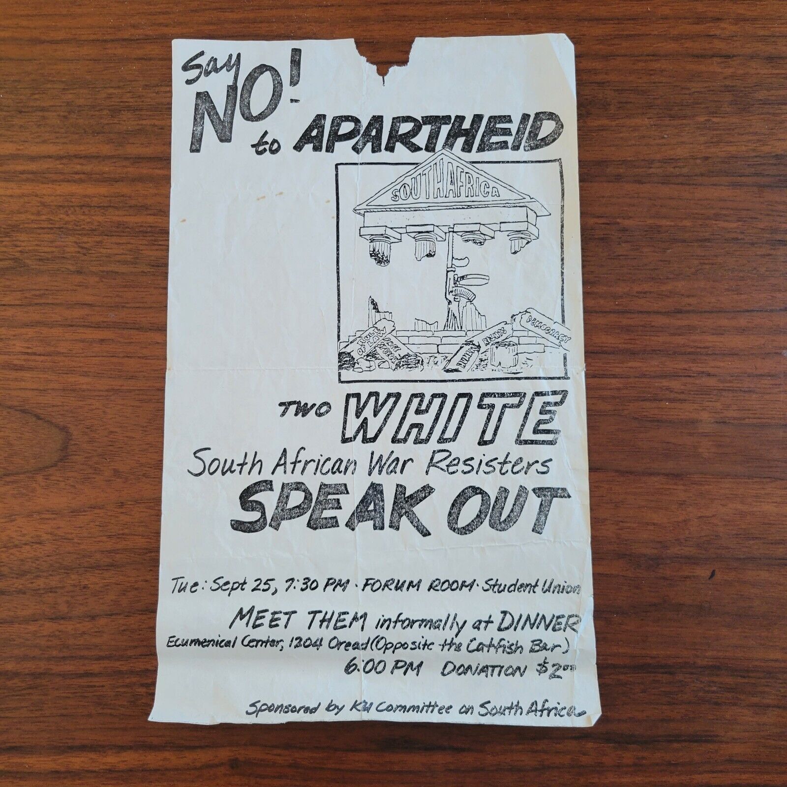 Vintage 1979 Anti Apartheid Protest Poster Lawerence Kansas South Africa 8.5x14