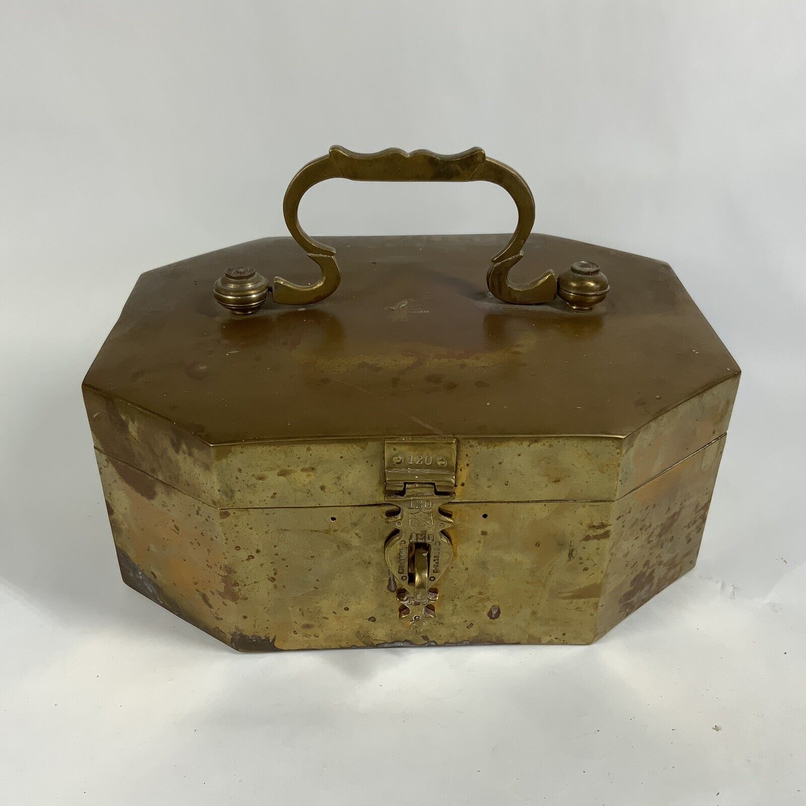 19c Vintage Handmade 120 Asli Stag Chap Royal Betel Nut Tobacco Brass Box 12”