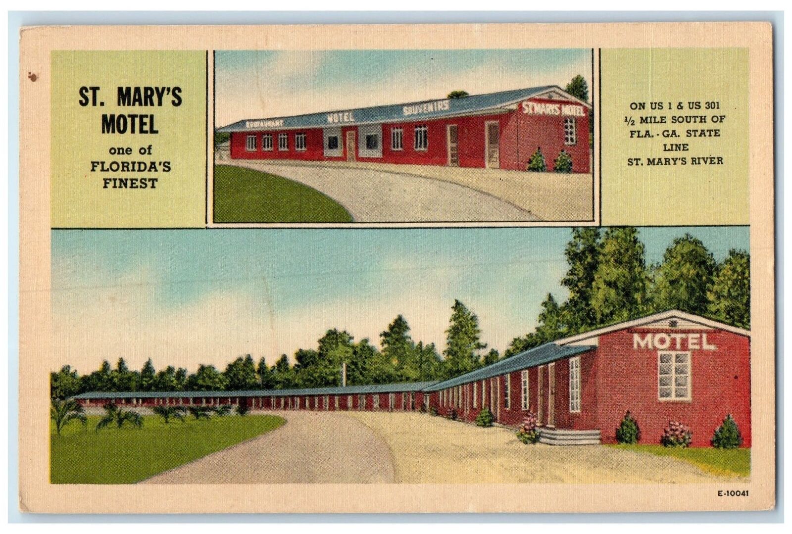 c1940 St. Mary\'s Motel  & Restaurant Cottage Multiview St. Mary Florida Postcard