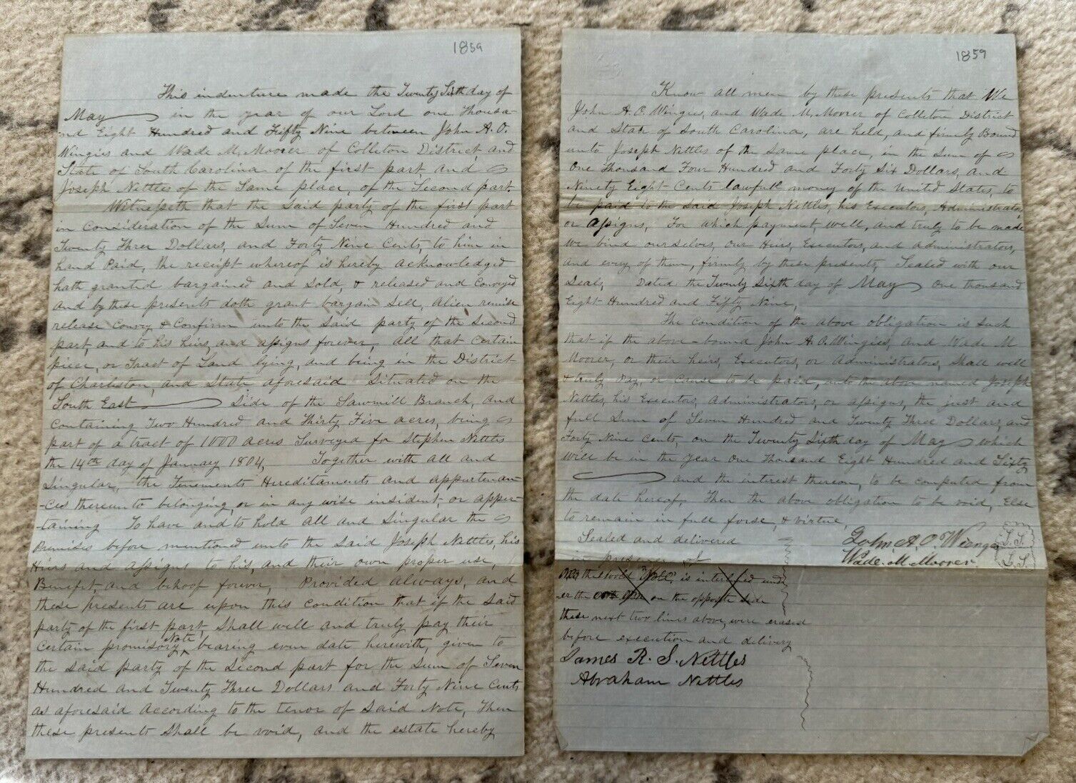 Antique Indenture Document 1859 Charleston Colleton County South Carolina