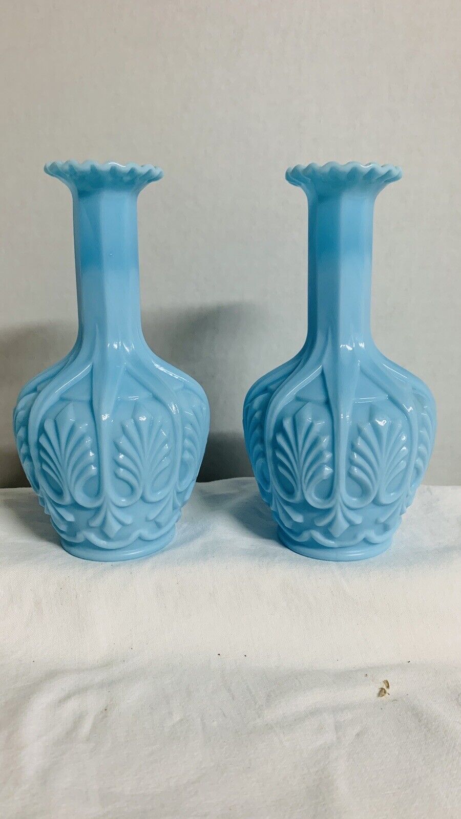 Portieux Vallerysthal blue opaline glass vases. Seling Pair MINT