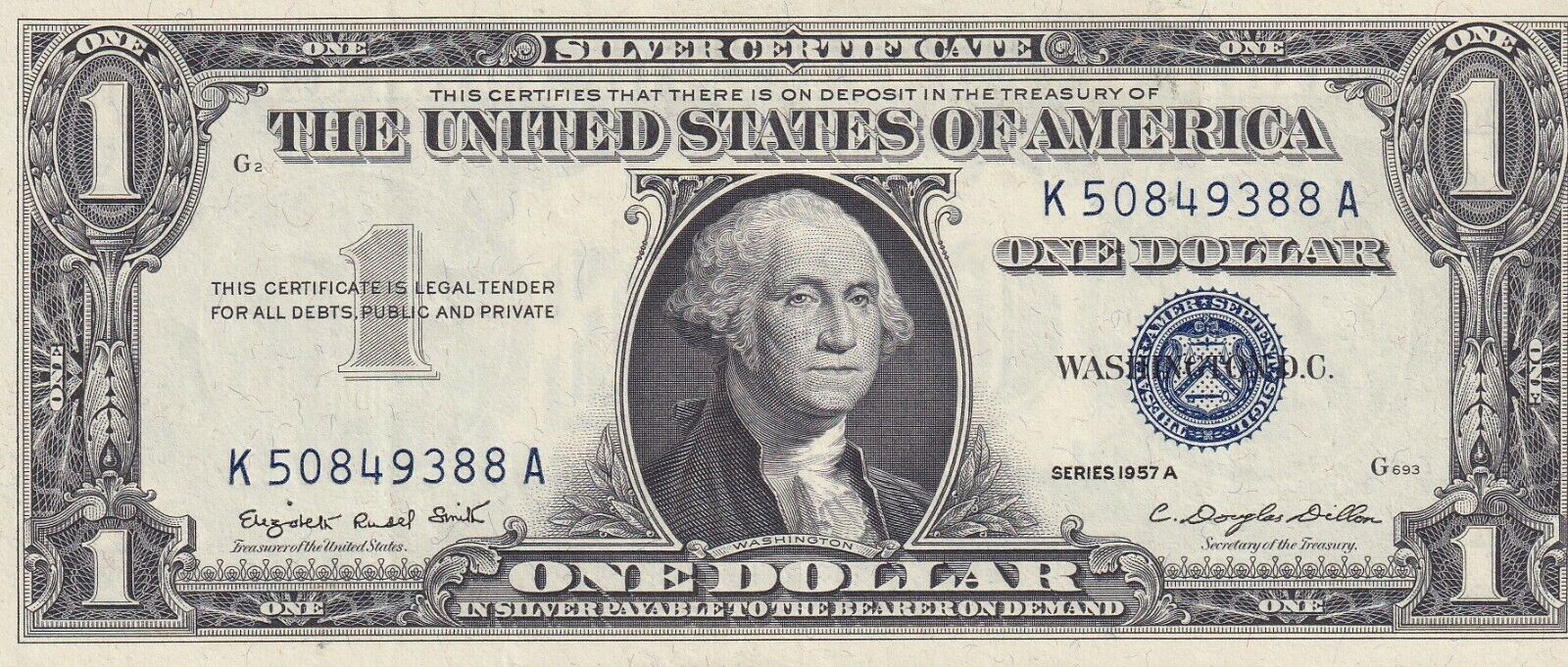 K50849388A  1957A ONE DOLLAR SILVER CERTIFICATE IN EXCELLENT CONDITION