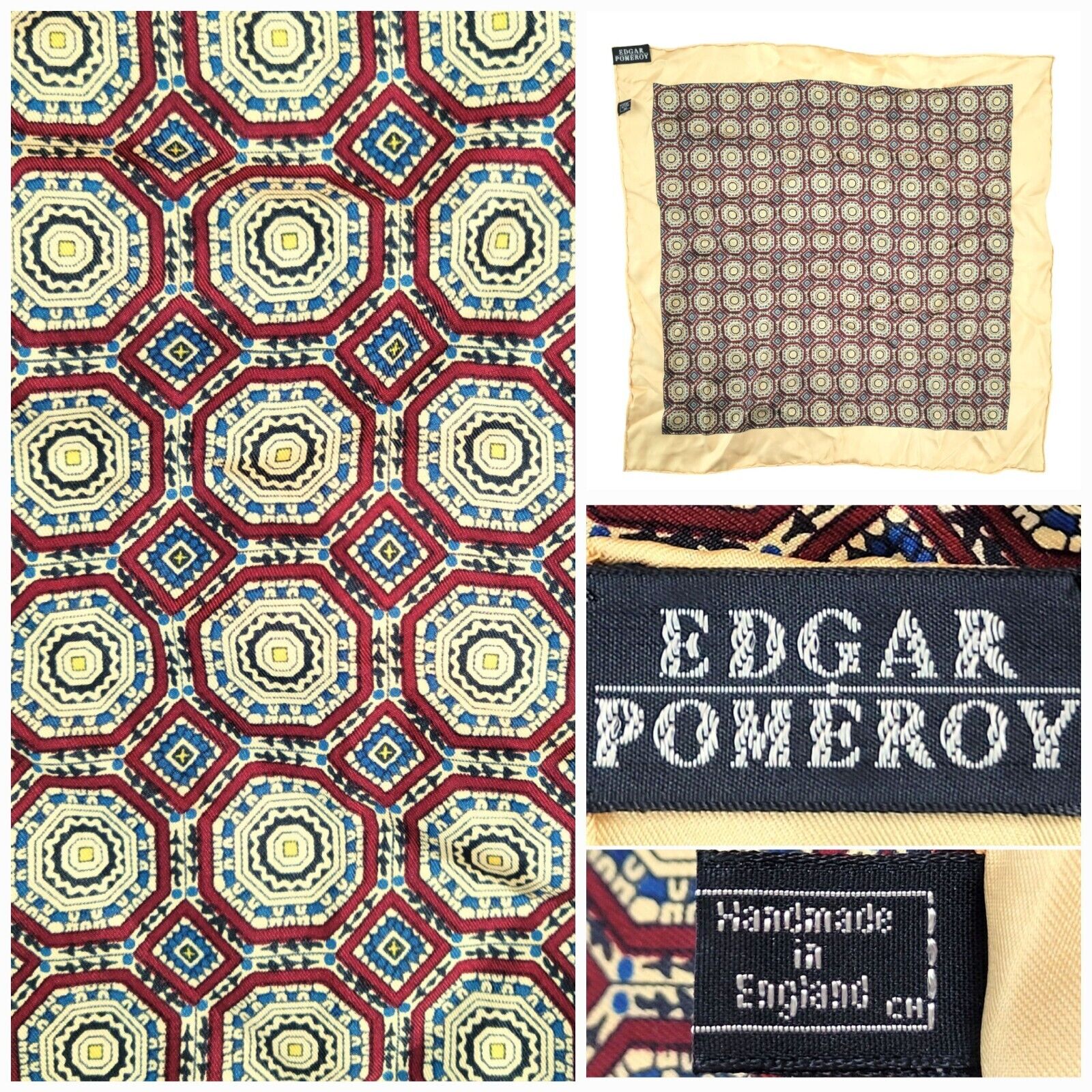 Edgar Pomeroy Handkerchief Mens Yellow Gold Pocket Square Silk Handmade Vintage