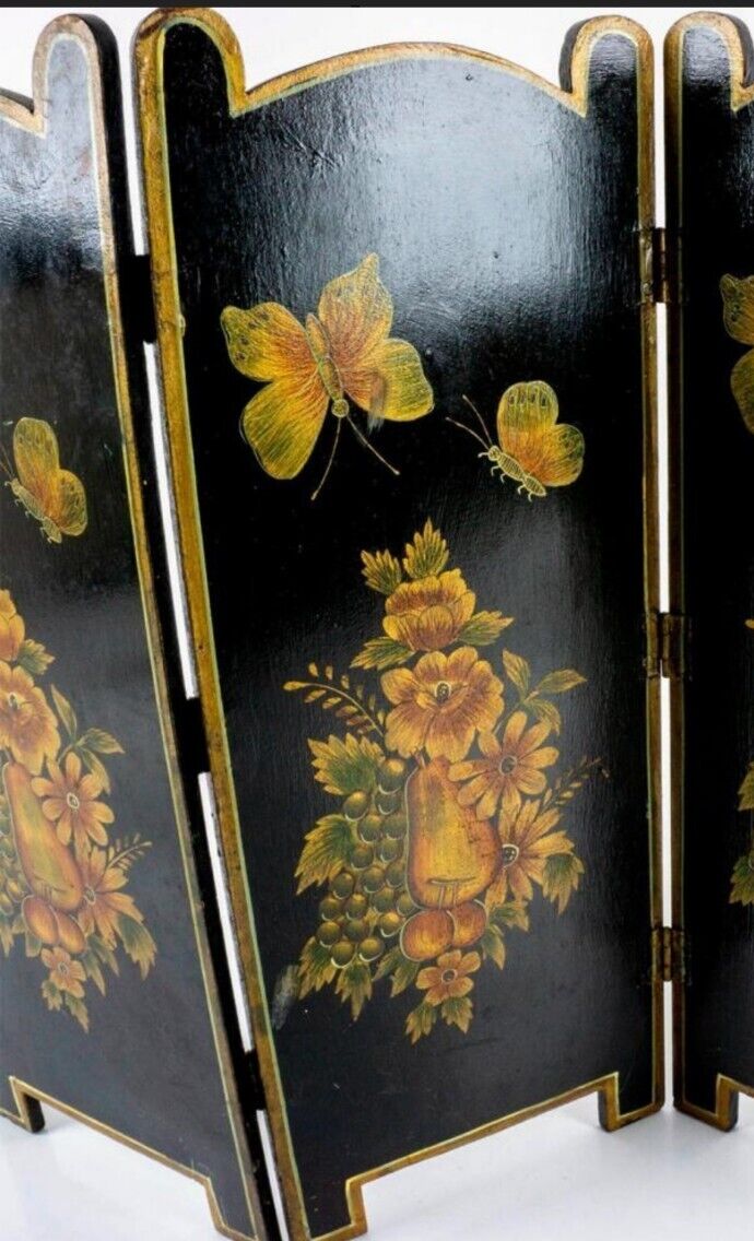 Vintage Four Panel Wooden Miniature Screen, Floral Butterfly Design