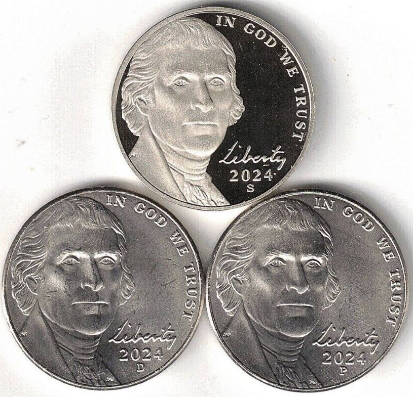 2024-S San Francisco Proof Jefferson Nickel with Philadelphia & Denver (3 Coins)