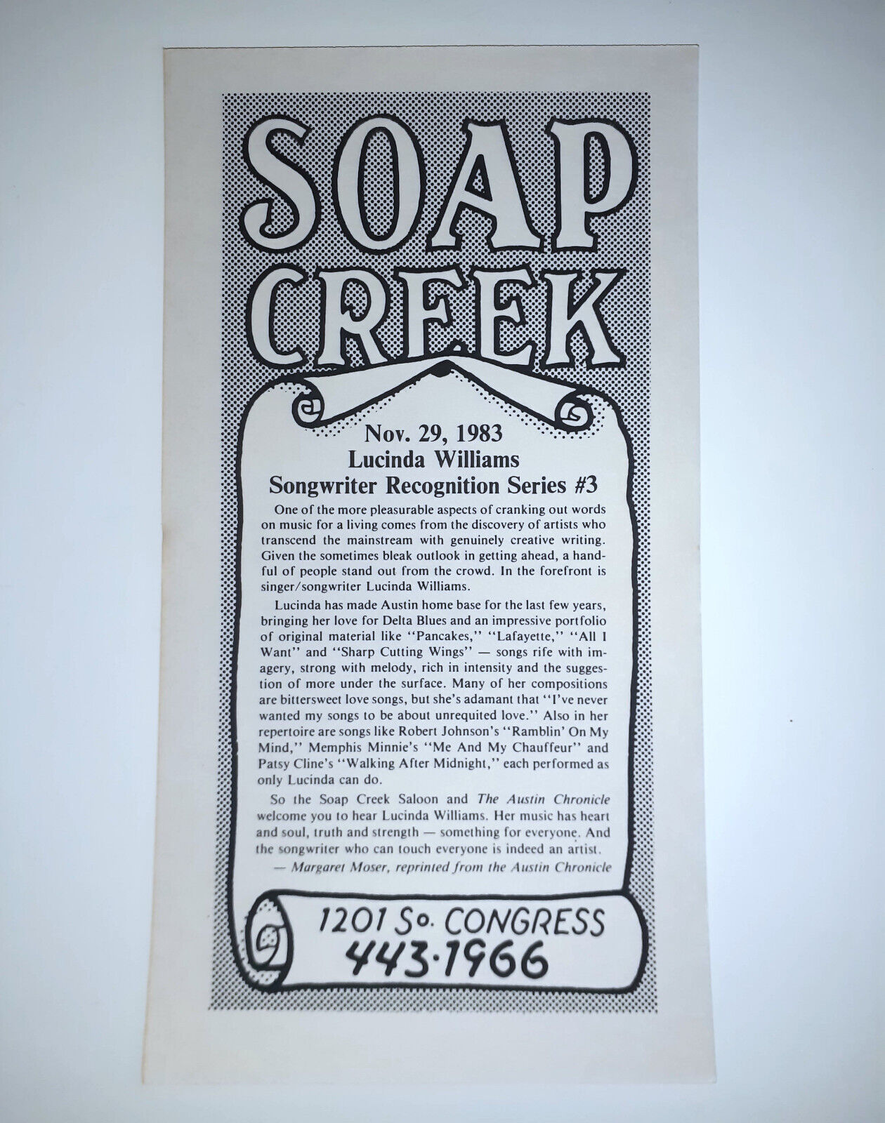 Soap Creek Saloon LUCINDA WILLIAMS AUSTIN TEXAS Songwriters Series table card