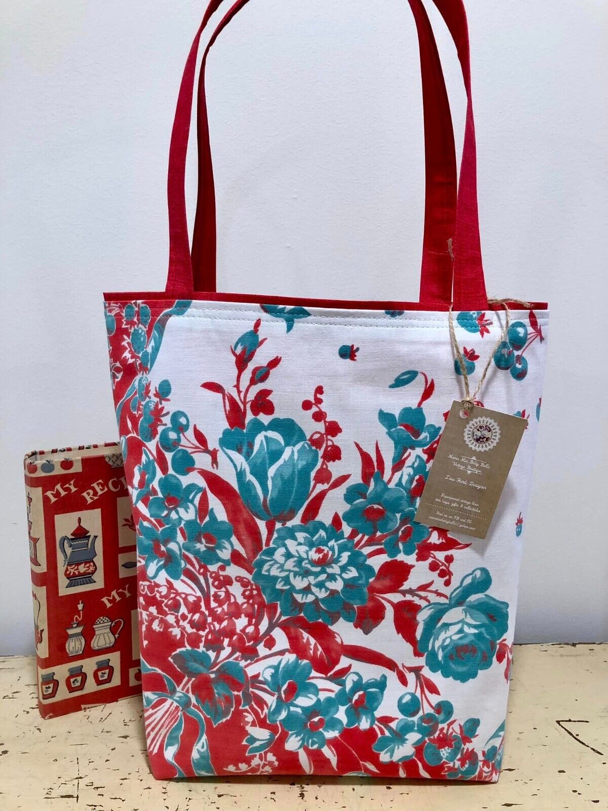 NEW Vintage Tiff* Aqua Blue Red 1950\'s Floral Bouquet Cotton Tablecloth Tote Bag