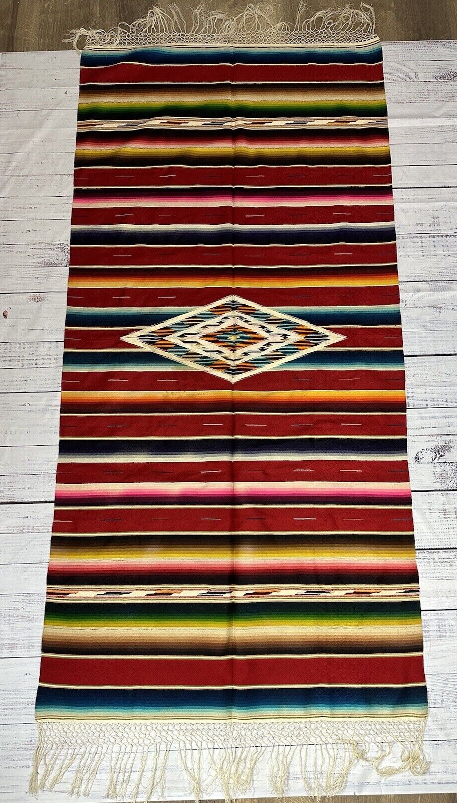 Vintage Mexican Serape Saltillo Runner Woven Stripes Southwest Vivid Colors LRG