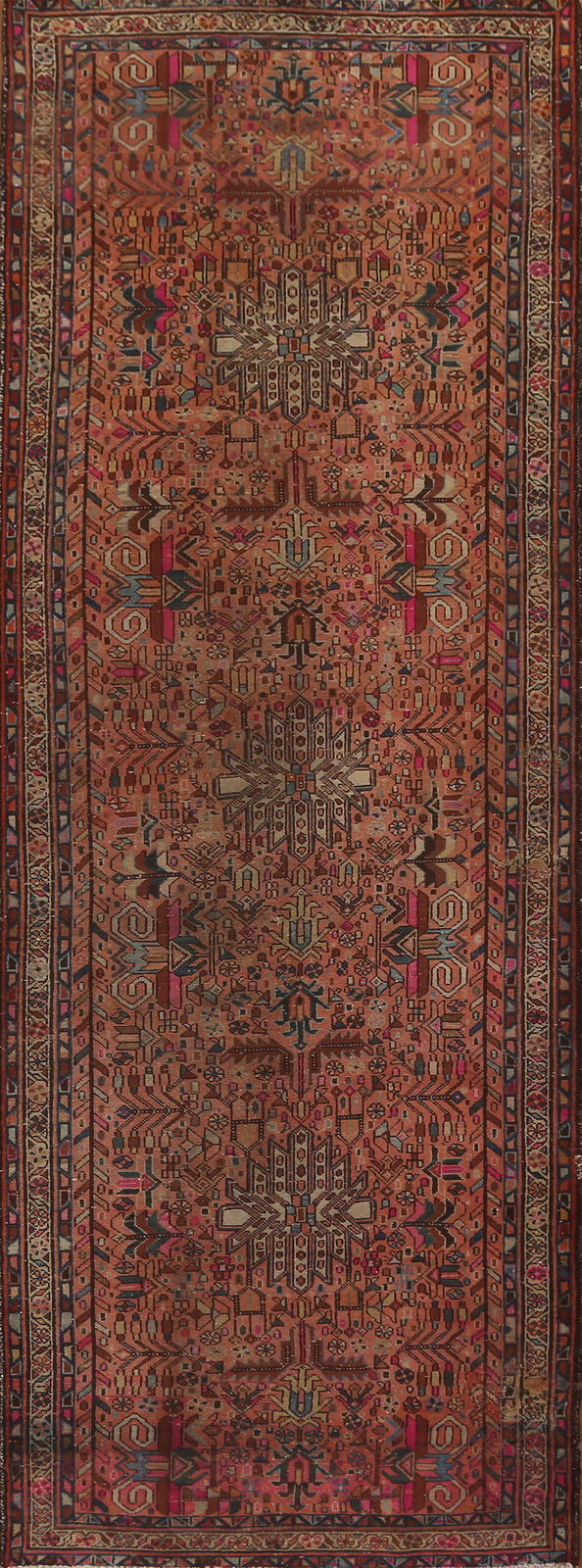 Tribal Geometric Hamedan Runner Rug 4x11 Vintage Hand-knotted Hallway Carpet