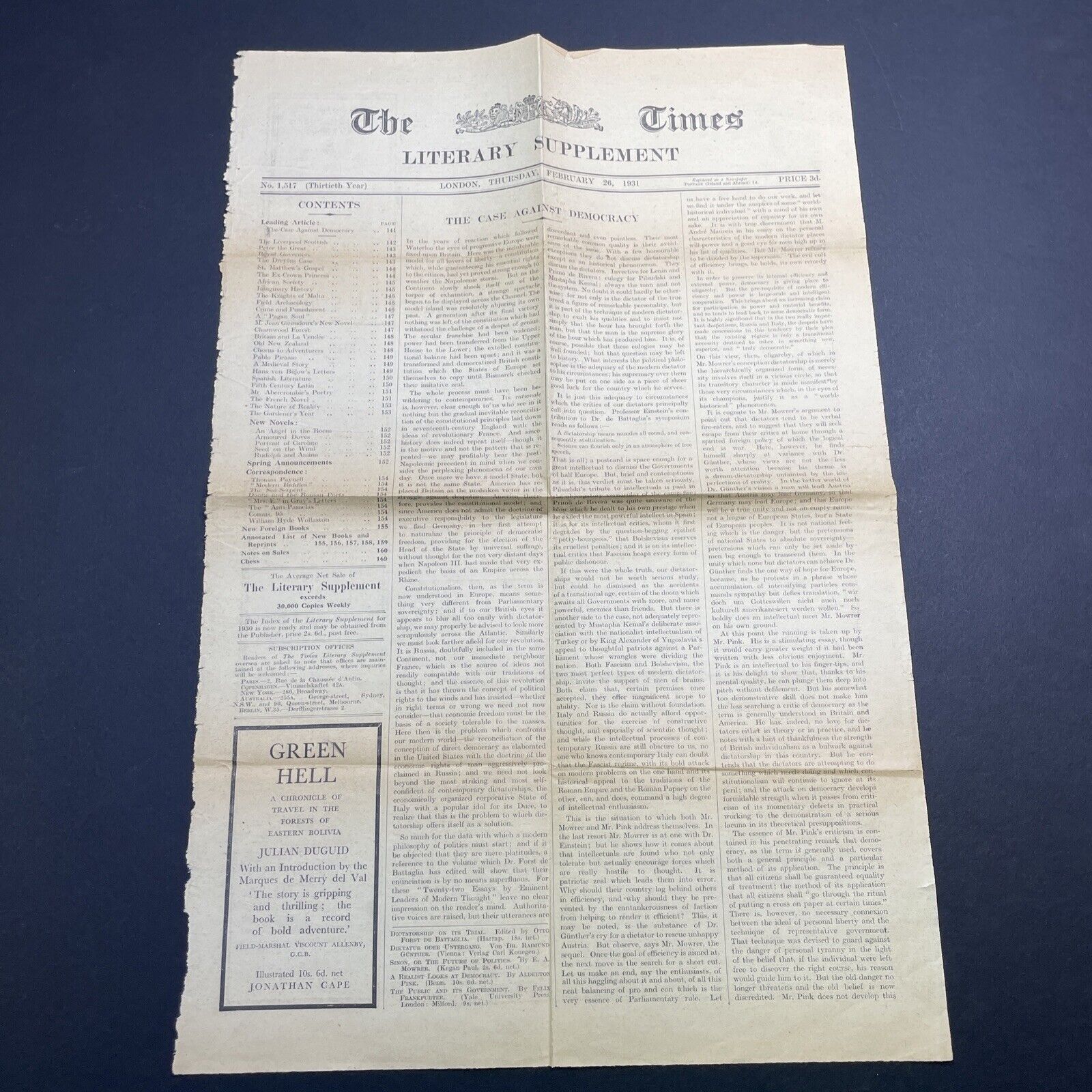RARE Antique 1931 Anti-Democracy Article In 'The Times' Newspaper London Feb 26