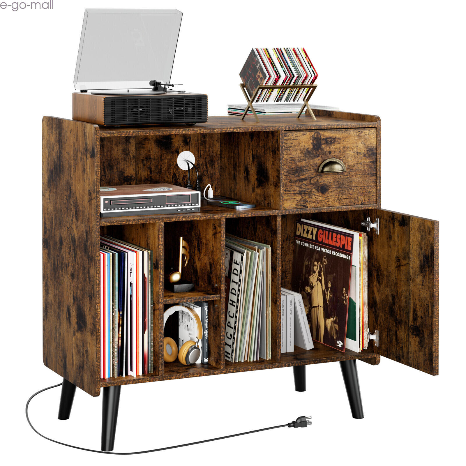 Large Record Player Stand Vinyl Storage Cabinet with PowerOutlet Turntable Table