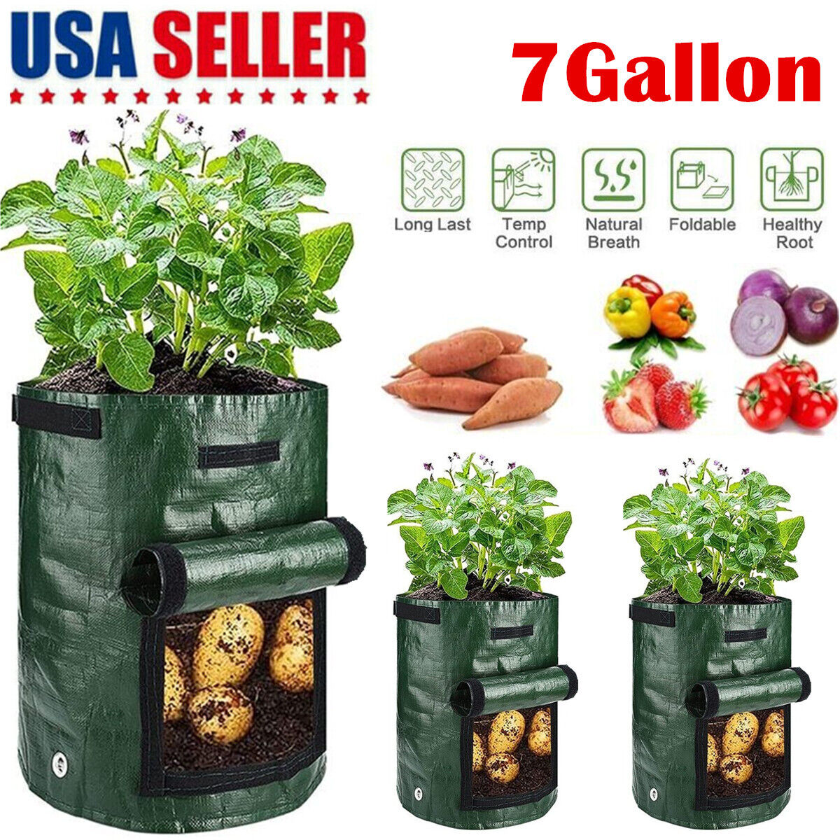 3-Pack Potato Grow Bags Garden Waterproof Reusable Vegetable Plant Pots Fruits