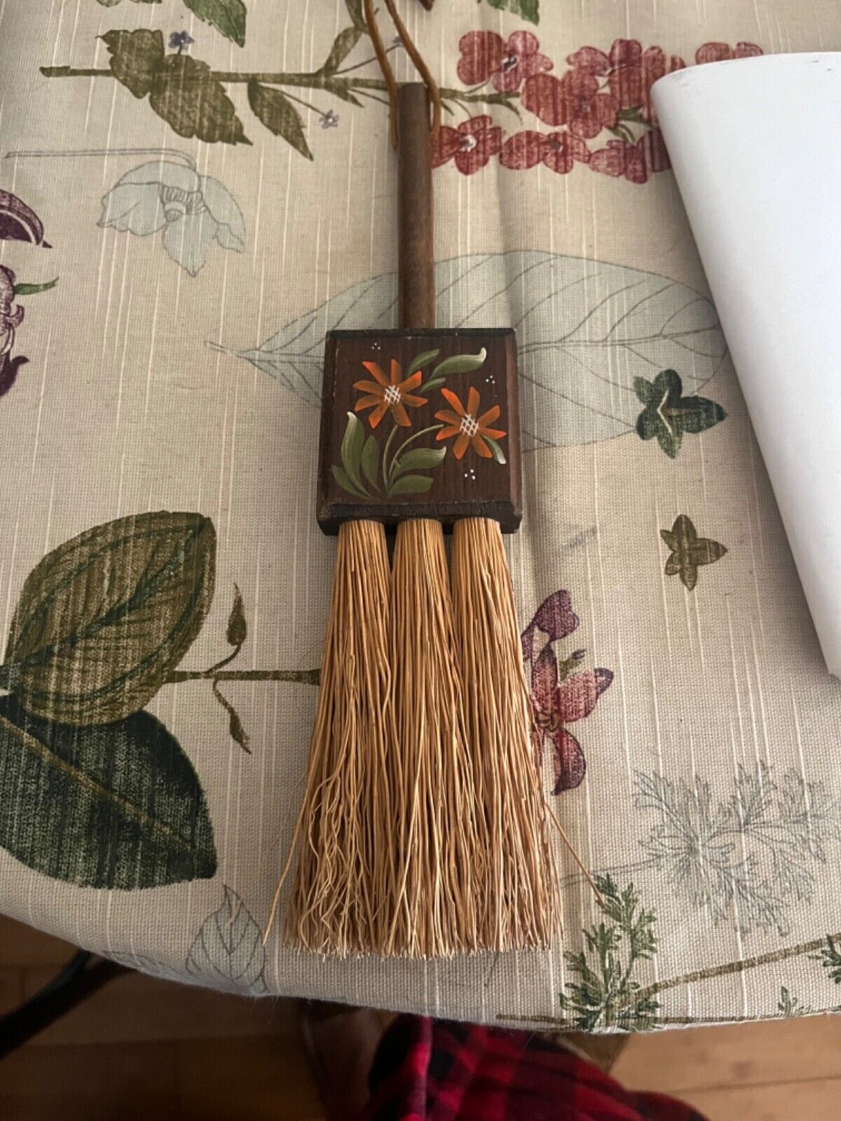 primitive antique table broom wisk 