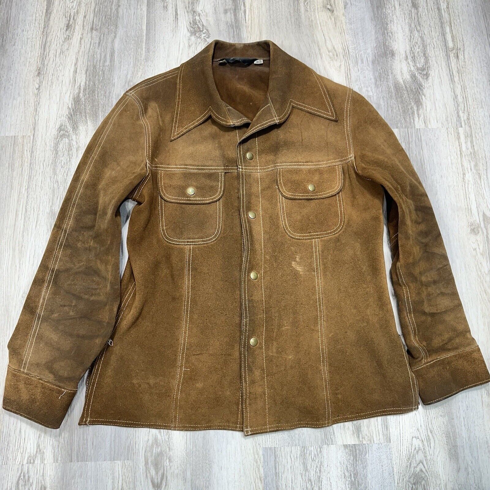 Vintage JC Penney Suede COWHIDE Leather Sz 40 Brown Tan Shirt Jacket HIPPIE boho