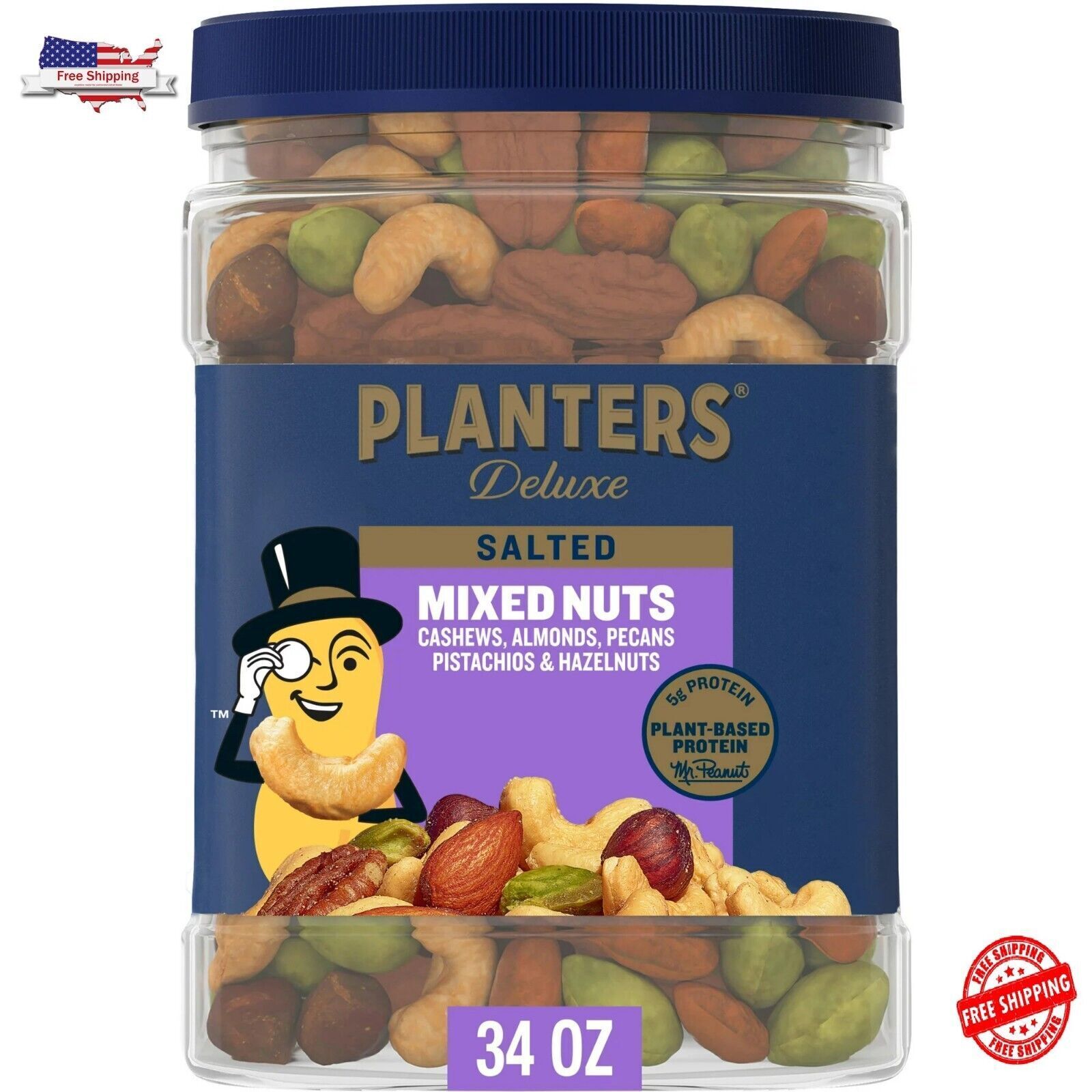 PLANTERS Deluxe Salted Mixed Nuts, Party Snacks, Plant-Based Protein 34oz..