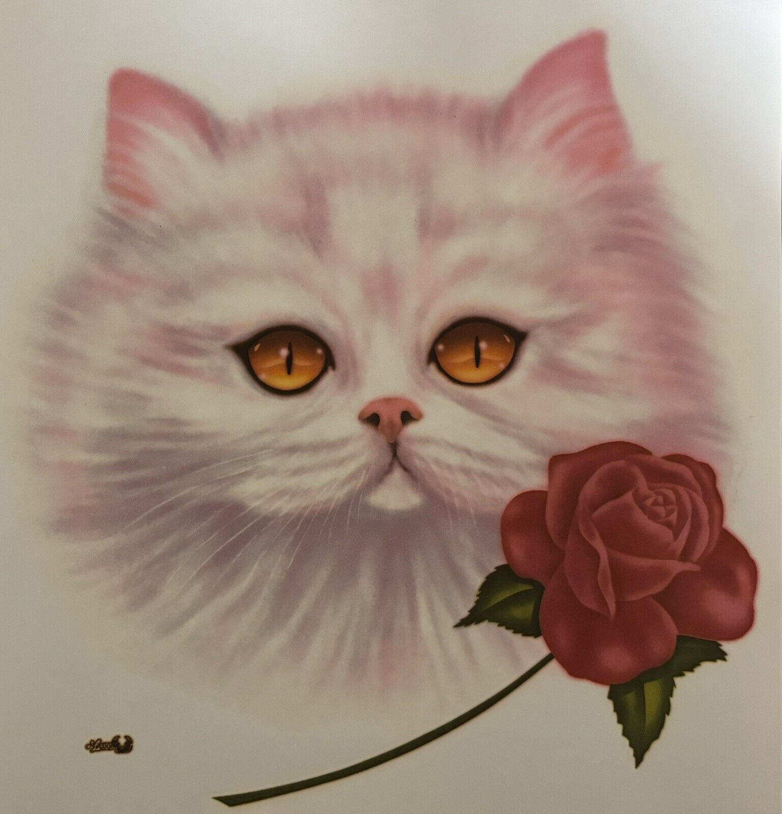 Original Vintage Cute Cat With Rose Hot Peel Iron On Transfer