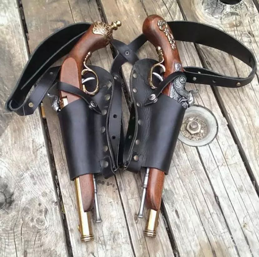 Pirate Leather Double Flintlock Gun Shoulder Cosplay Holster Steampunk Universal