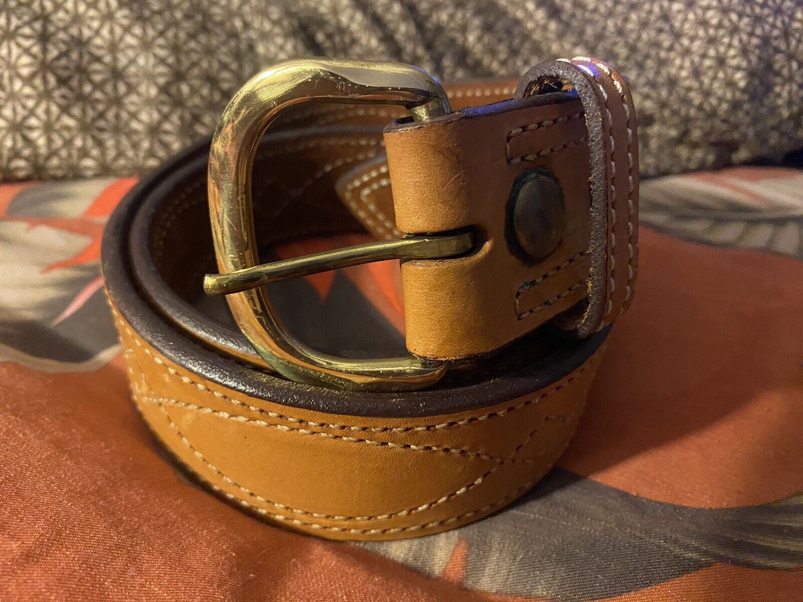Vintage Bianchi Tan Leather Belt Brass Buckle #B9 size 32-36