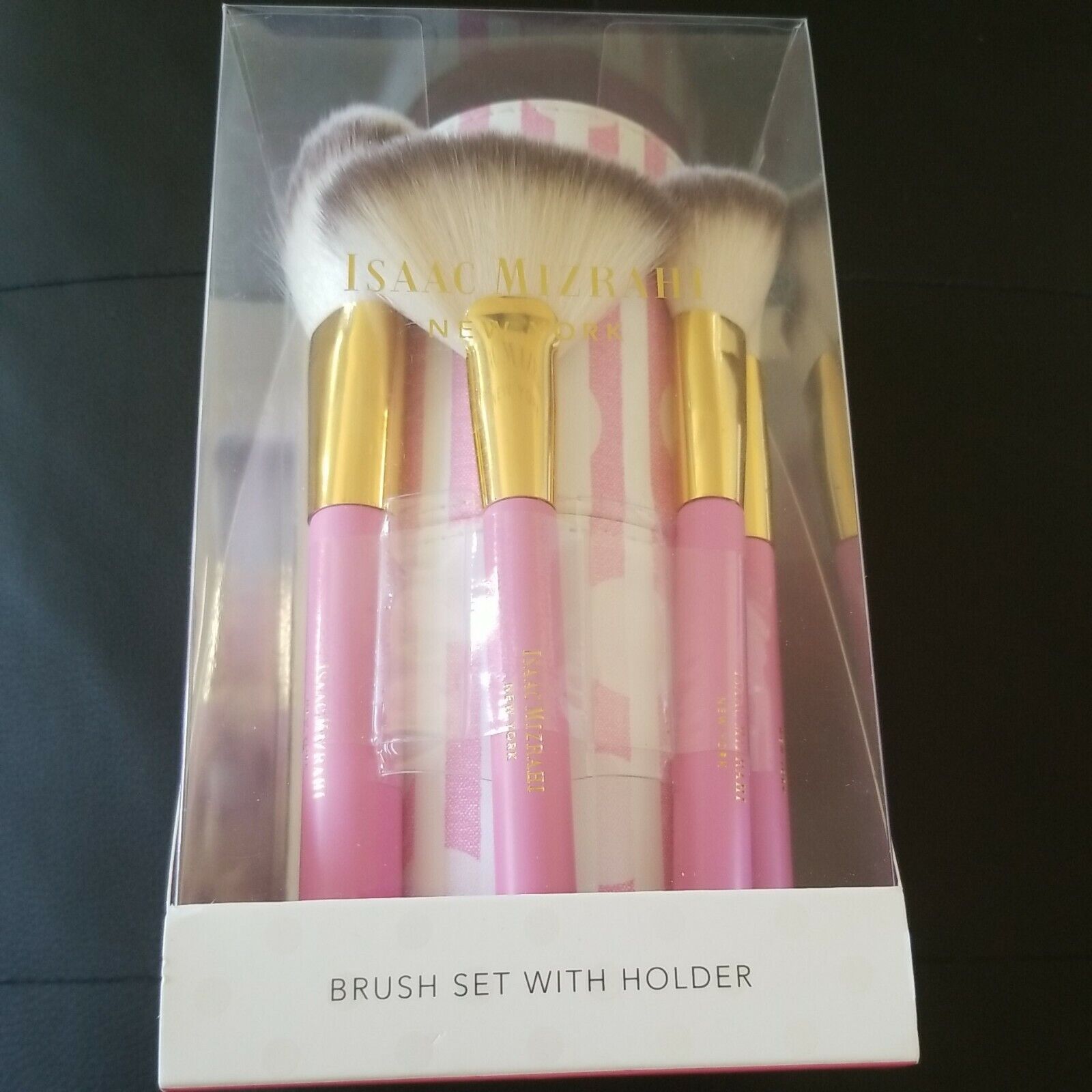 Isaac Mizrahi 4Pc. Make Up Brush Set Cosmetics Tools with Case Pink Stripes
