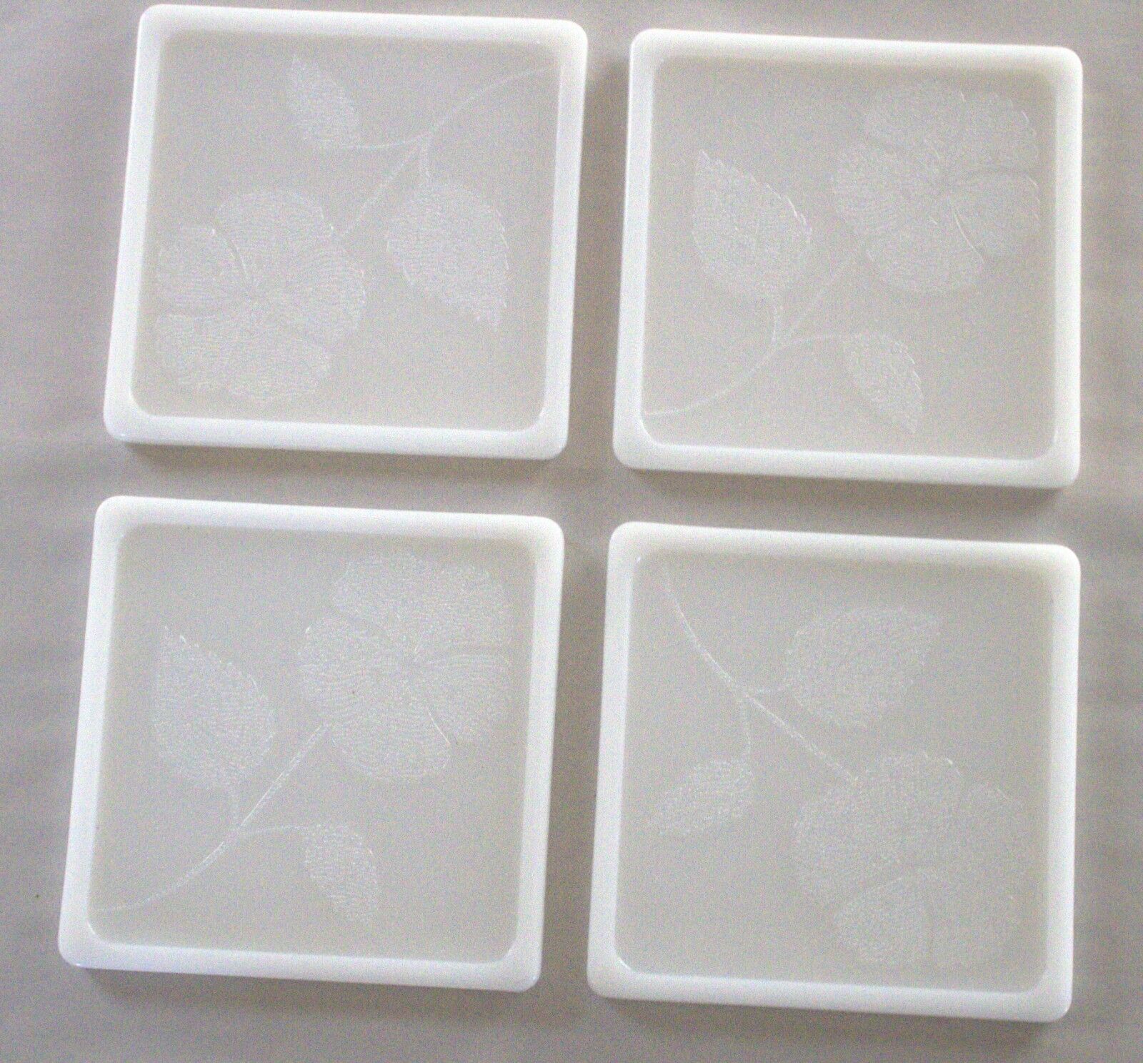 4 Vintage Embossed Milk Glass Tiles Trivets 5-5/8
