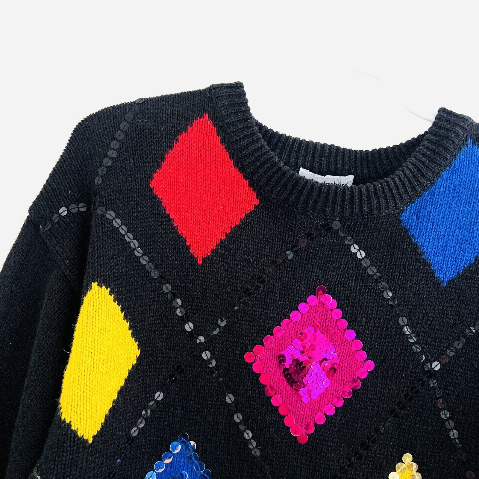 HABERDASHERY Vintage Petite Black Geometric Diamond & Sequin Sweater ~ Small