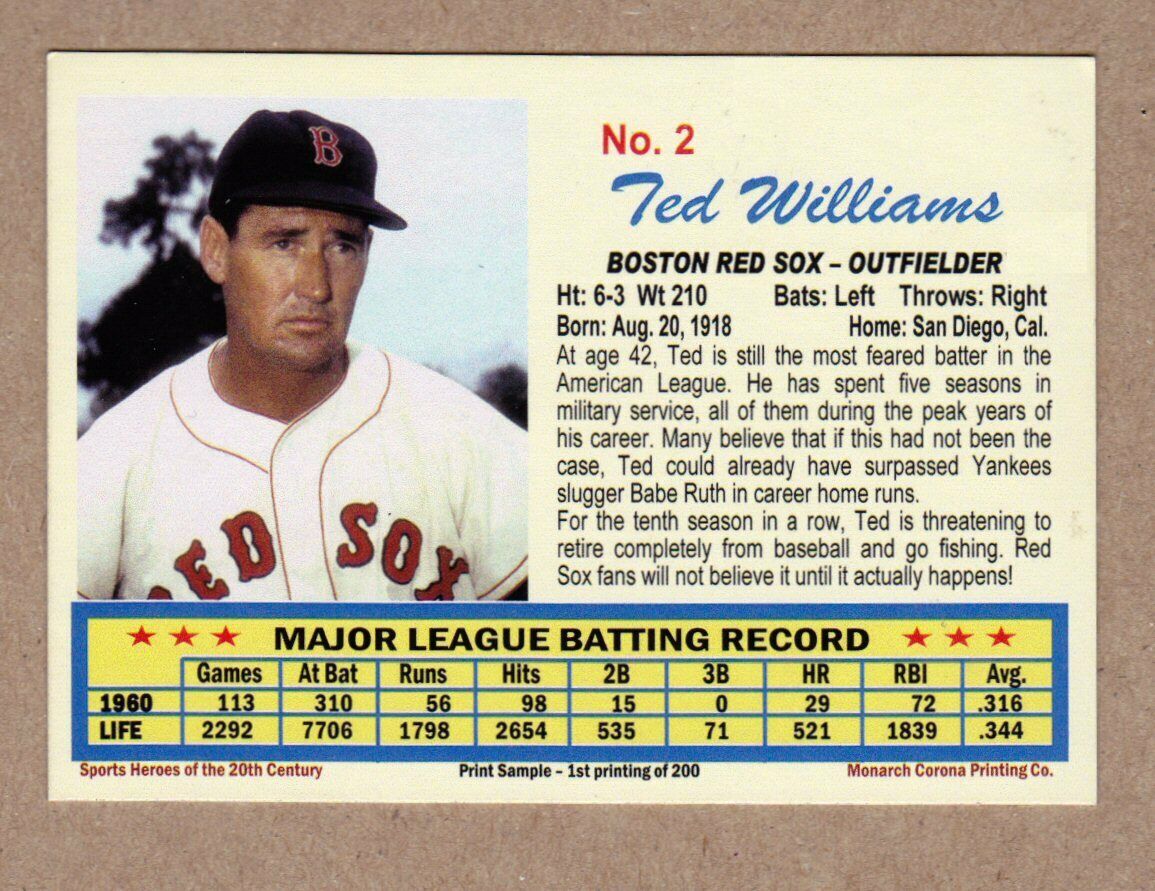 Ted Williams \'60 Boston Red Sox final season, 20th Century #2 / NM+ cond.