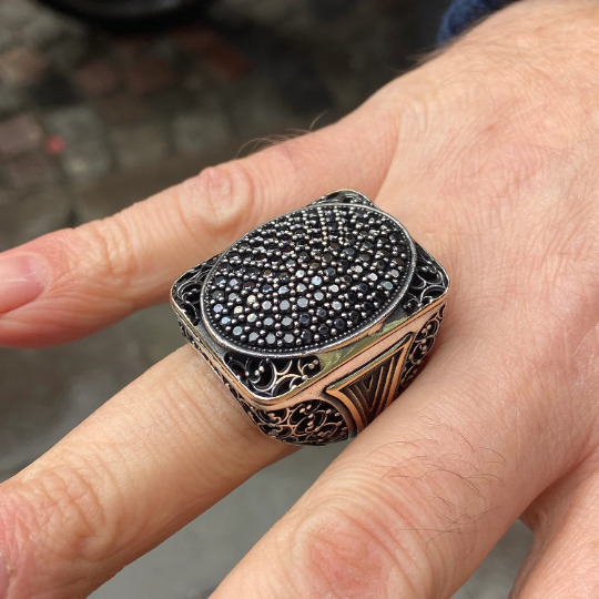 Turkish Handmade Ottoman Large Micro Black Gemstone Ring  925k Sterling Silver