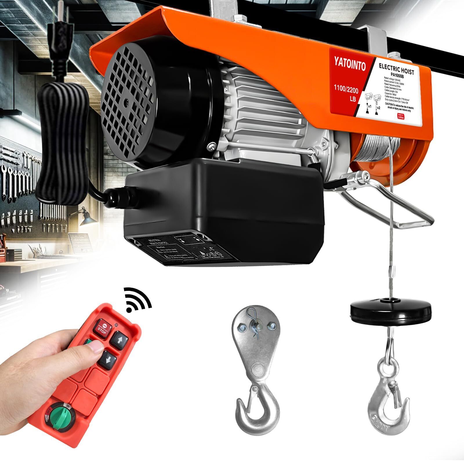120V Heavy-Duty Electric Hoist, 39ft Lifting Height, with Wireless Remote
