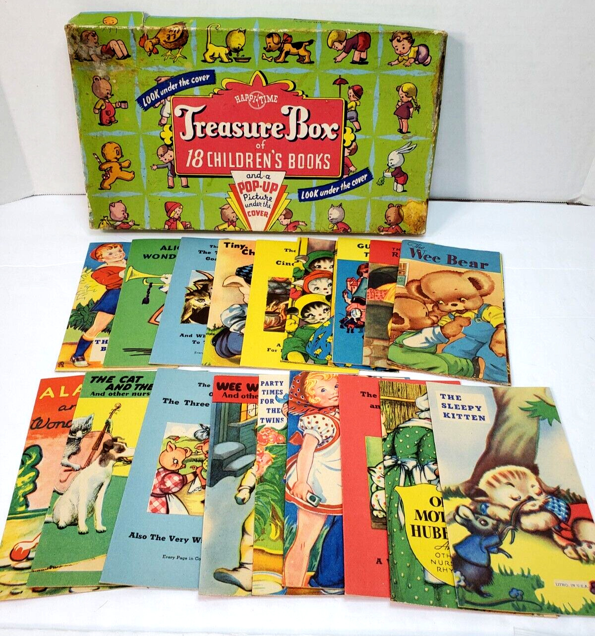 Rare 1944 Happi Time Treasure Box of 18 Children\'s Books Vintage Samuel Lowe Co
