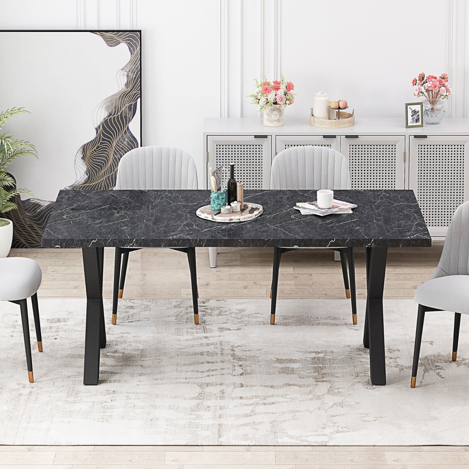 Modern  Dining Table with Printed Marble Table Top+X-Shape Leg