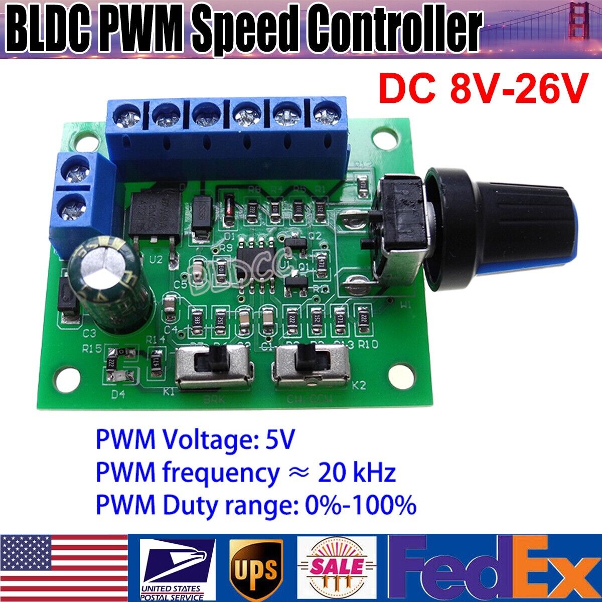 DC 12V/24V Brushless DC Motor Speed Regulator DC 8-26V BLDC PWM Speed Controller