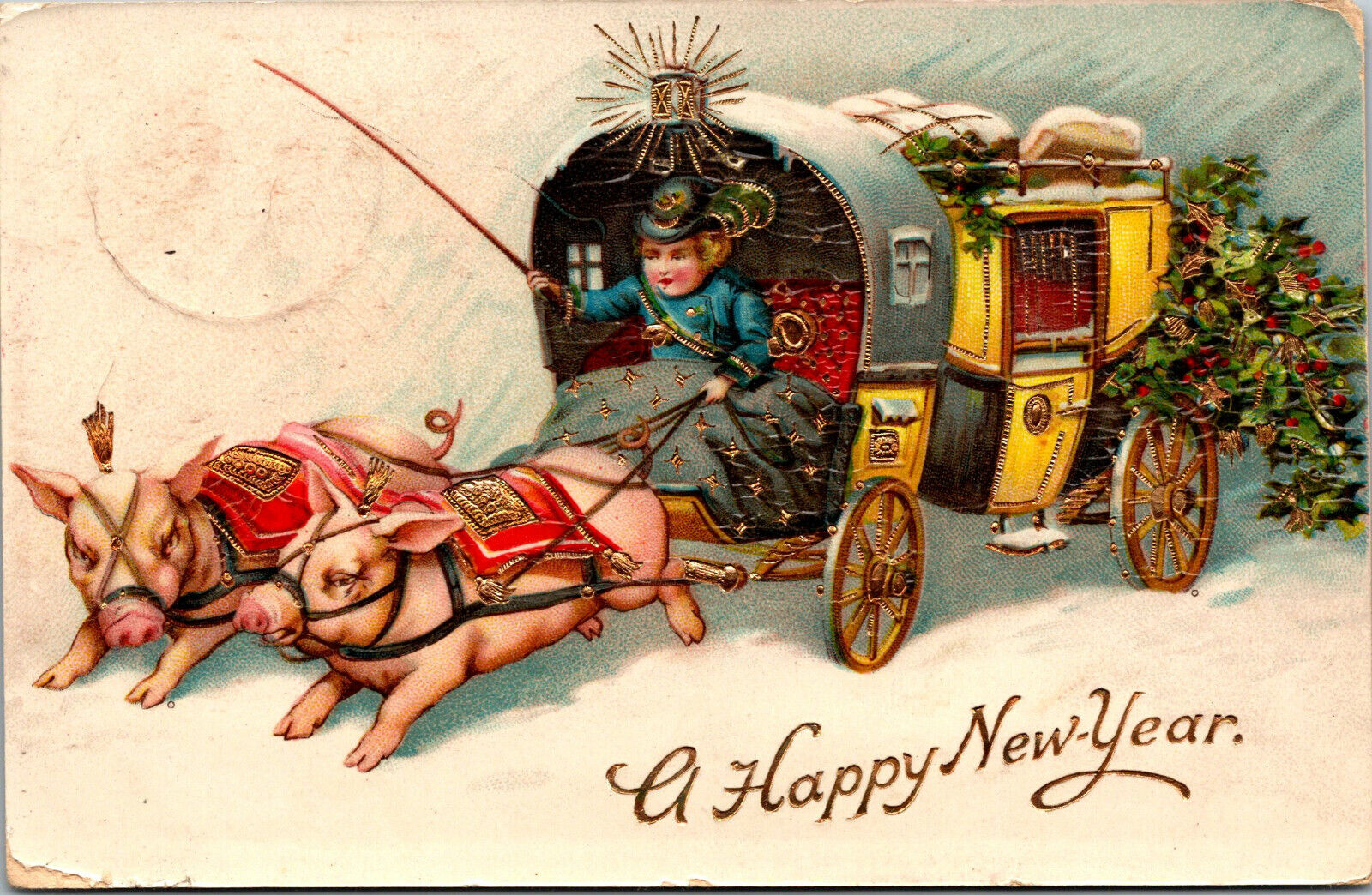 Vtg 1910s Happy New Year Pigs Pulling Carriage Gel Gold Gilt Embossed Postcard