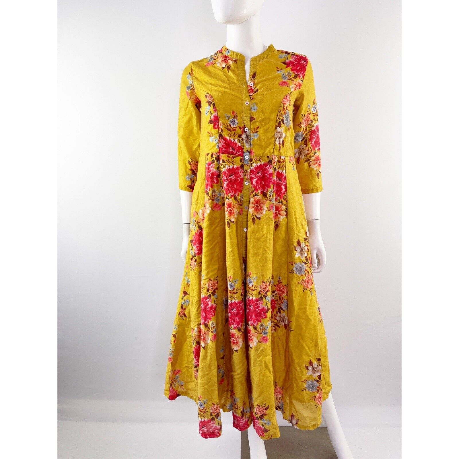 Biba Women\'s Yellow 3/4 Sleeve Floral Midi Dress Size 34 US XS