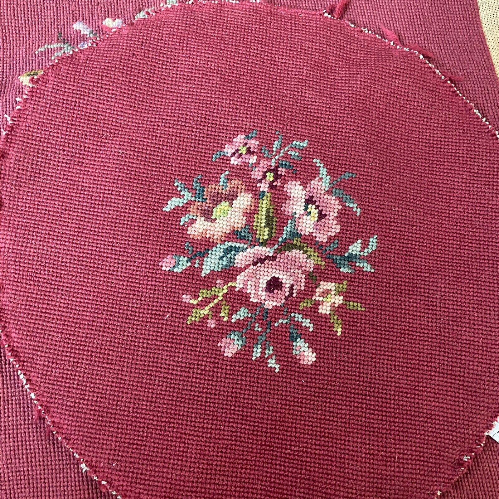 VTG 2 Needlepoint Completed Wine Burgundy Bkgd Floral 14 Circles For Pillows