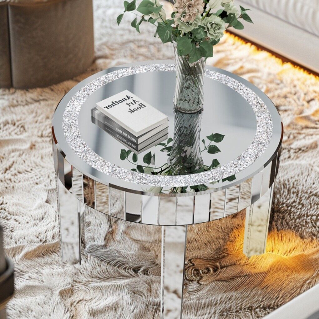 Modern Silver Mirrored Coffee Table Bling Diamonds Accent Table Sofa Side Table