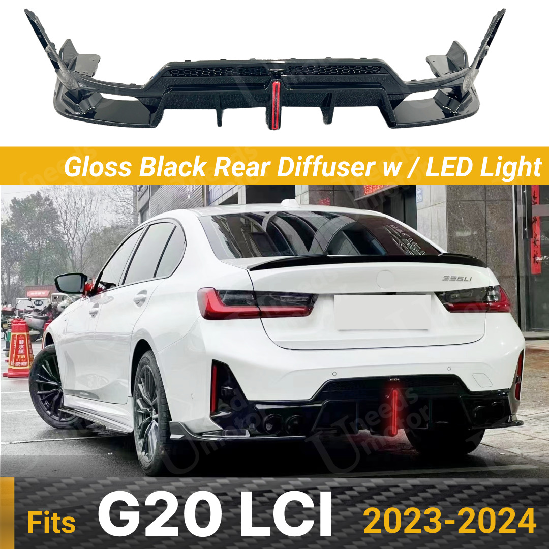 Fits BMW 3 Series G20 LCI 2023-24 Gloss Black Rear Lower Diffuser with LED Light