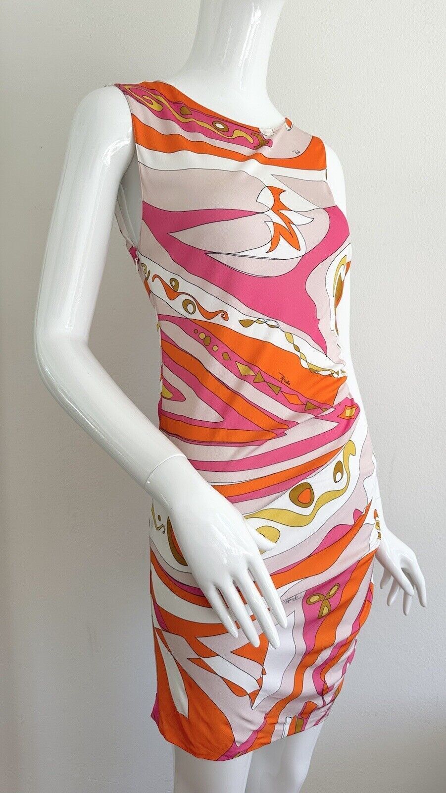 Emilio Pucci Dress White Pink Printed Cotton Silk Stretch Florence Size 42 S