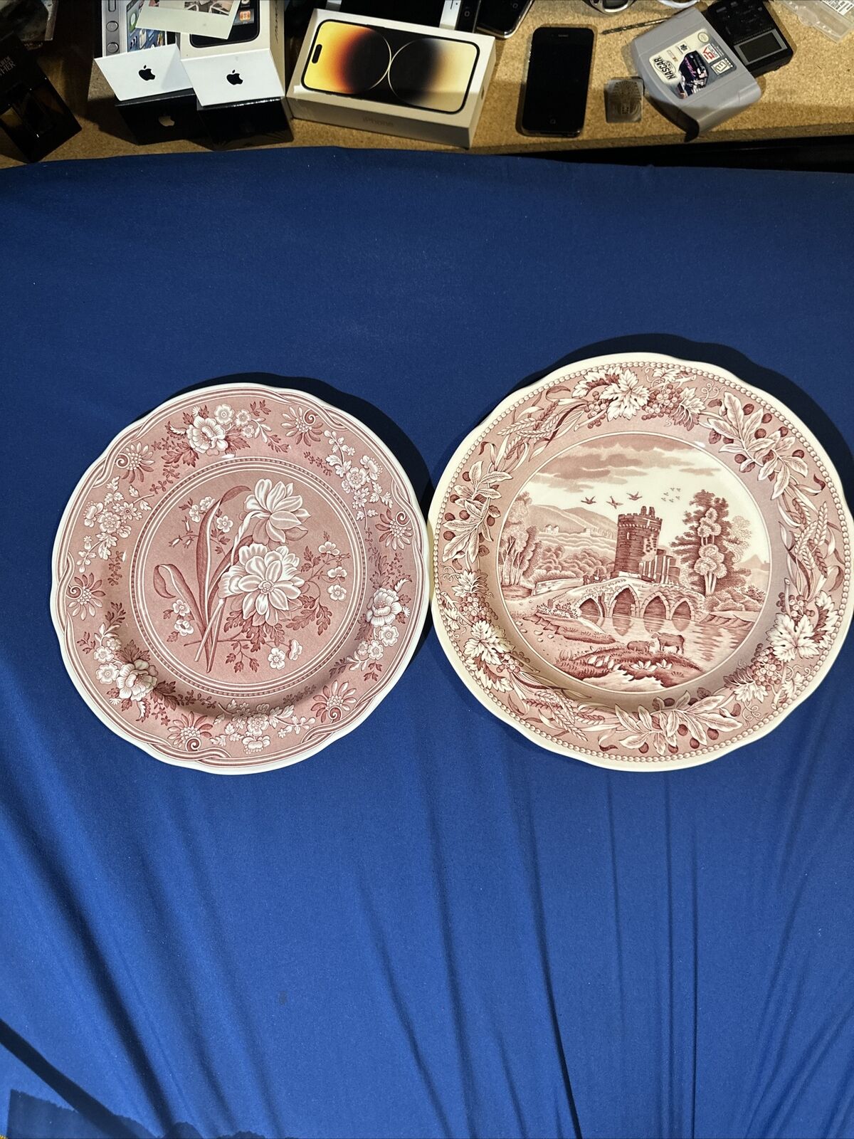 2 SPODE ARCHIVE COLLECTION 10.5” PLATE GEORGIAN SERIES Lucano Botanical PINK