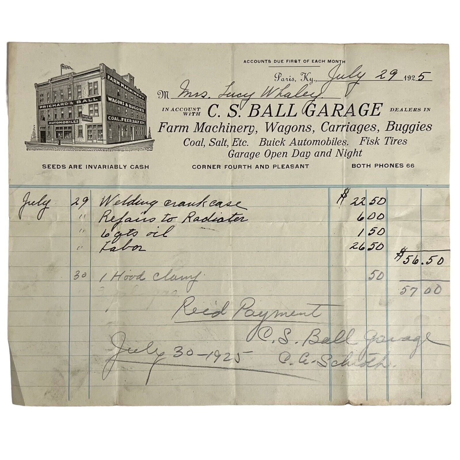 Vtg 1920\'s Paris Ky C S Ball Garage Buick Receipt Invoice Farm Wagons Carriages
