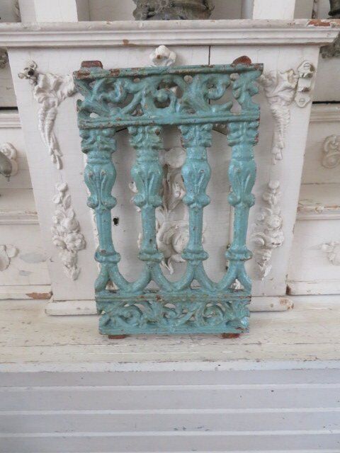 Old Architectural Very Ornate CAST IRON PEDIMENT DECOR HEADER Aqua Turquoise
