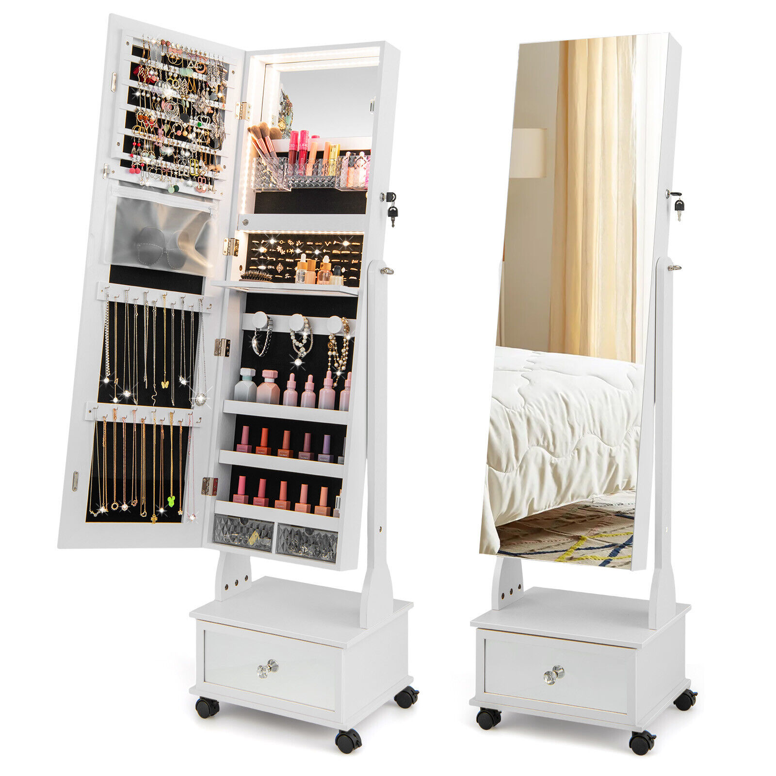 Jewelry Cabinet Armoire Full-Length Mirror Lockable w/ 3-Color LED Lights White