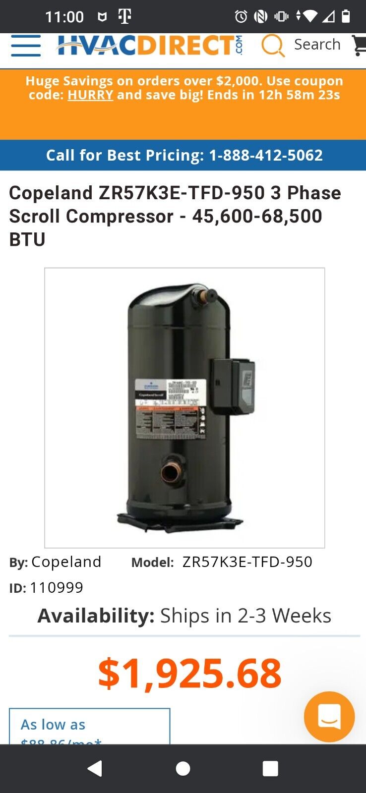 Copeland Compressor ZR57K3E-TFD-950