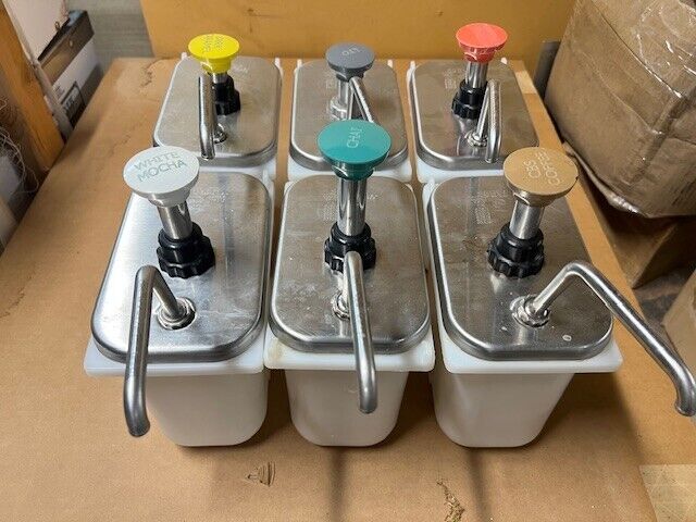 Lot of 6 Server Syrup Flavoring Manual Pumps Stainless with Plastic Containers