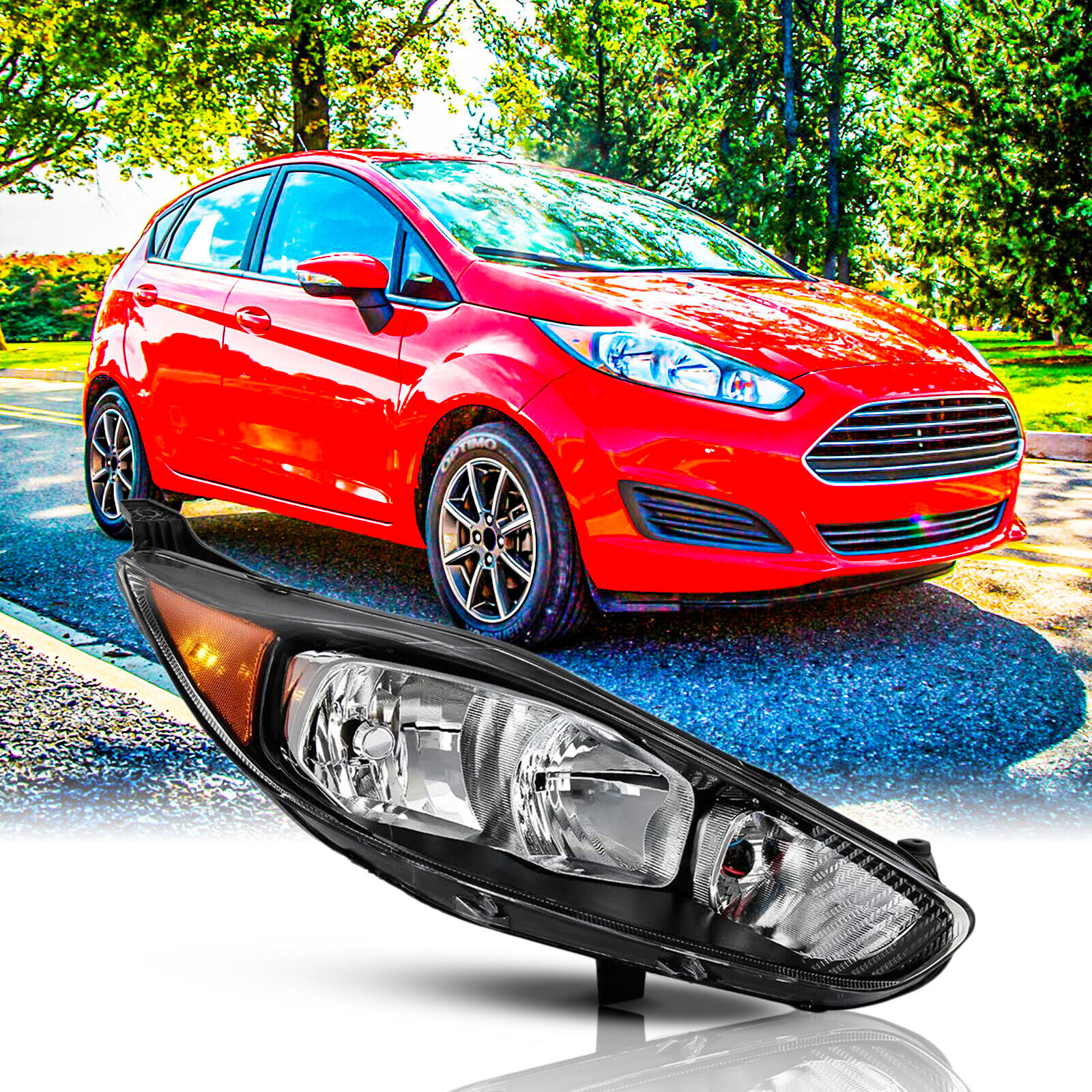 For 2014-2019 Ford Fiesta Headlights Headlamps Black With Bulbs Passenger Side