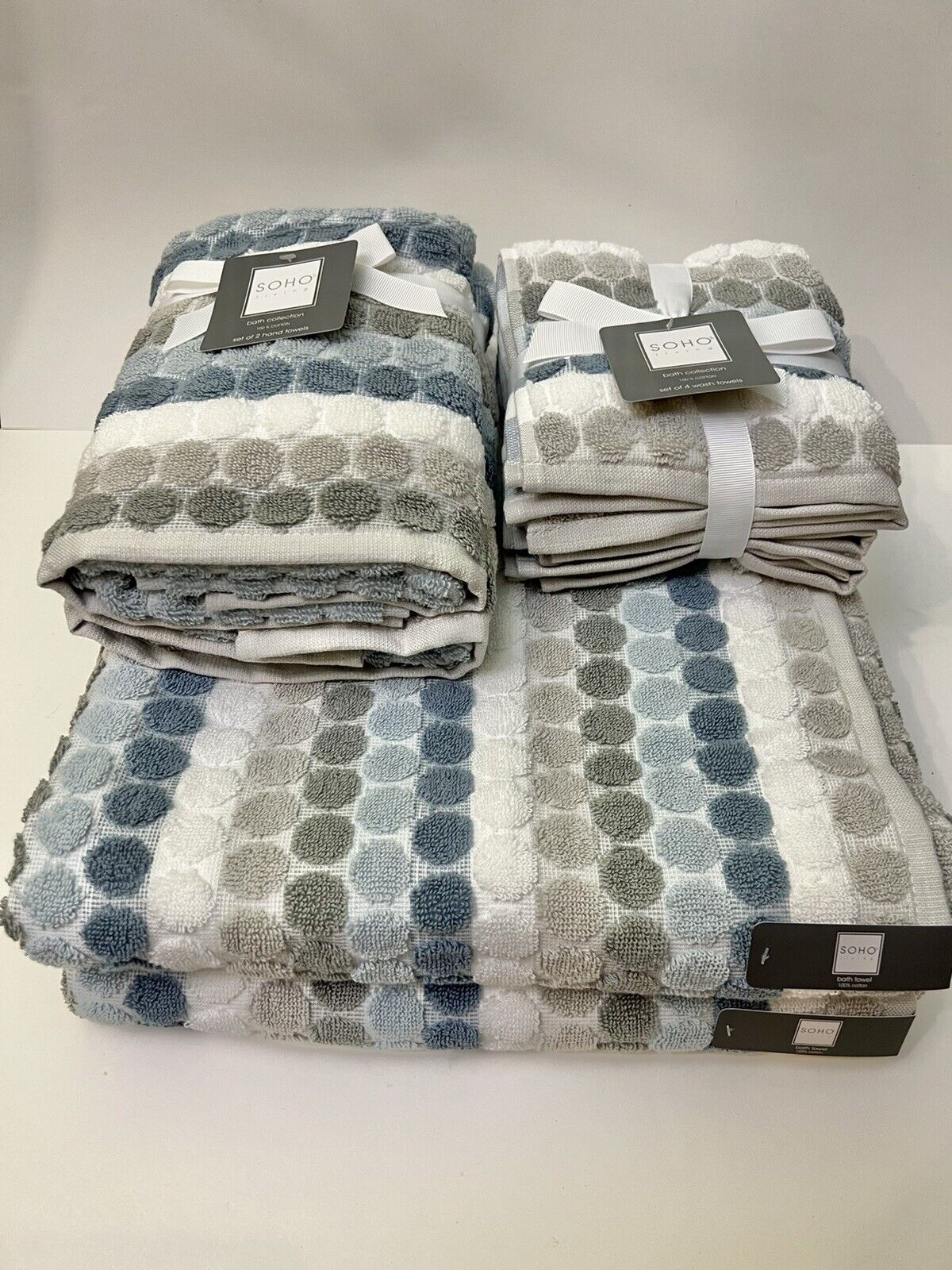 Soho Living 2 Bath 2 Hand 4 Washcloth Towels Multicolored Dots 100% Cotton NWT