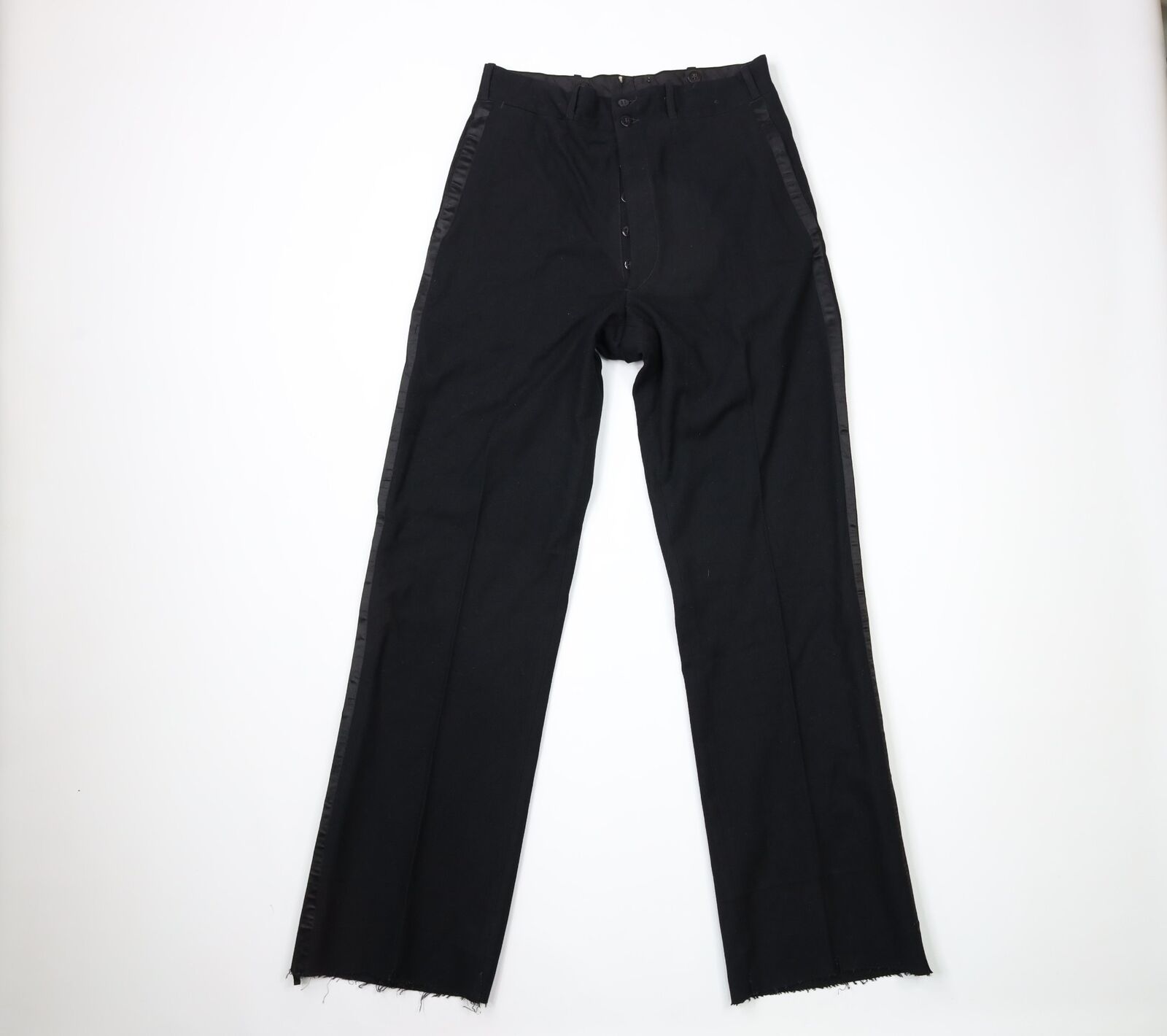Vtg 30s Mens 31x34 Bespoke Wool Button Fly Satin Striped Tuxedo Pants Black USA