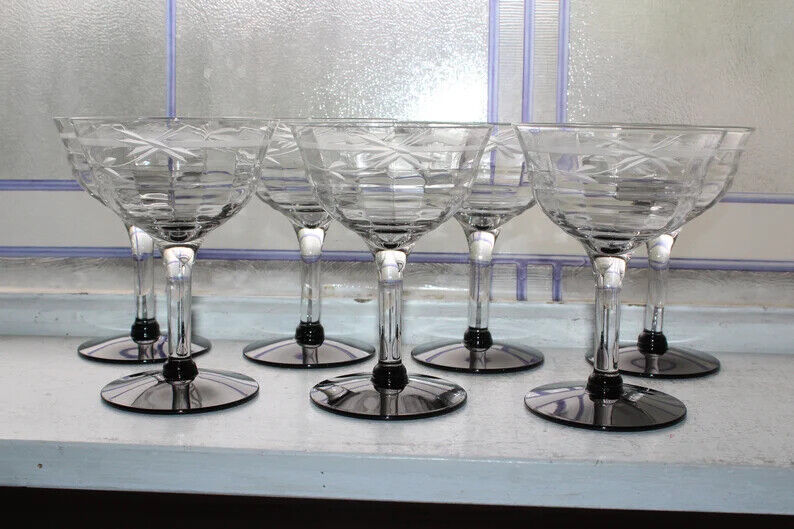 7 Art Deco Weston Optic Champagne Glasses Etched with Black Bases 