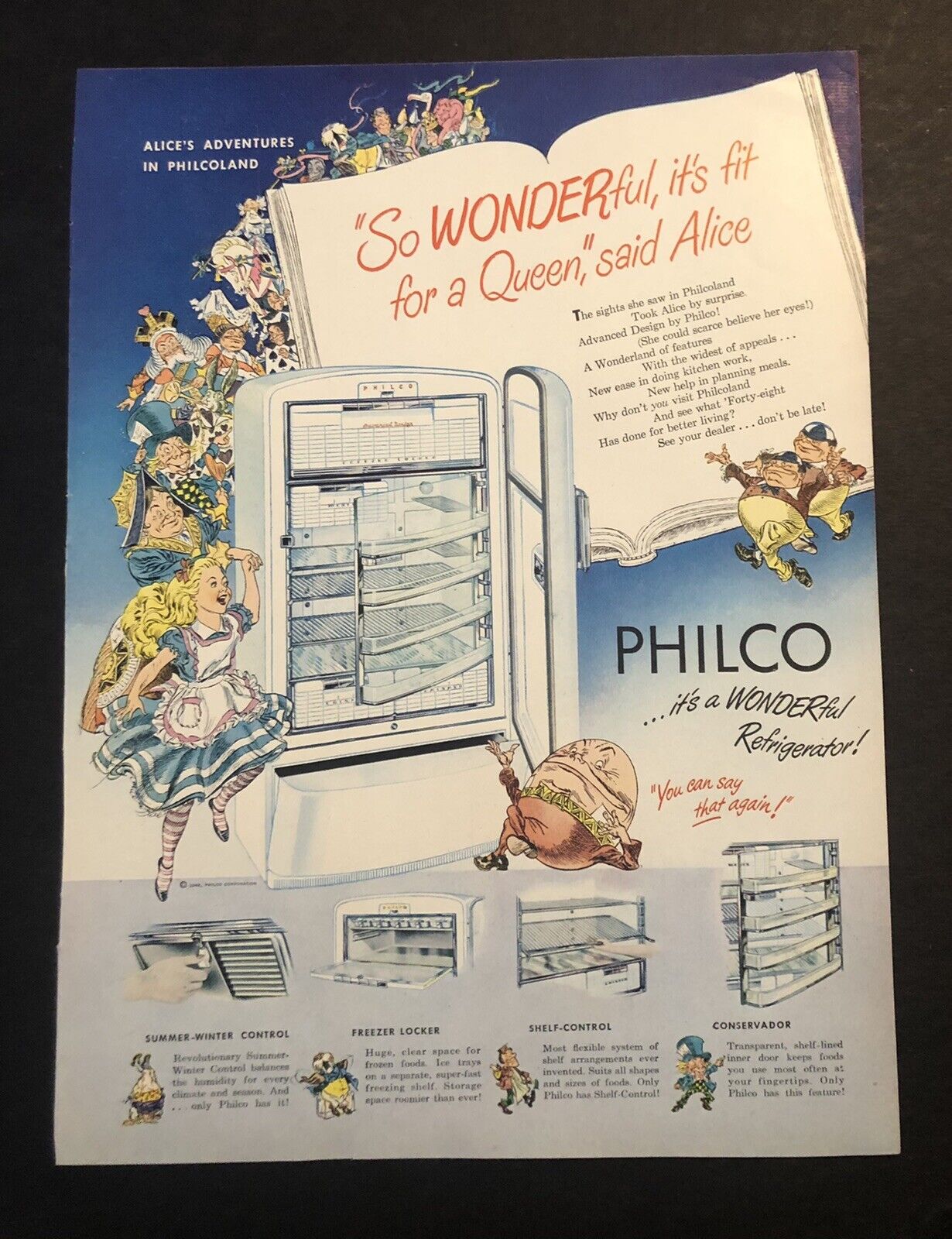 1950’s Movie Alice In Wonderland Philco Refrigerator Magazine Ad